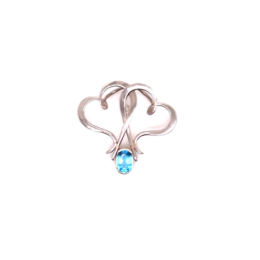 14k White Gold Double Heart Pendant Blue Topaz Gemstone 2.1g Fine Jewelry